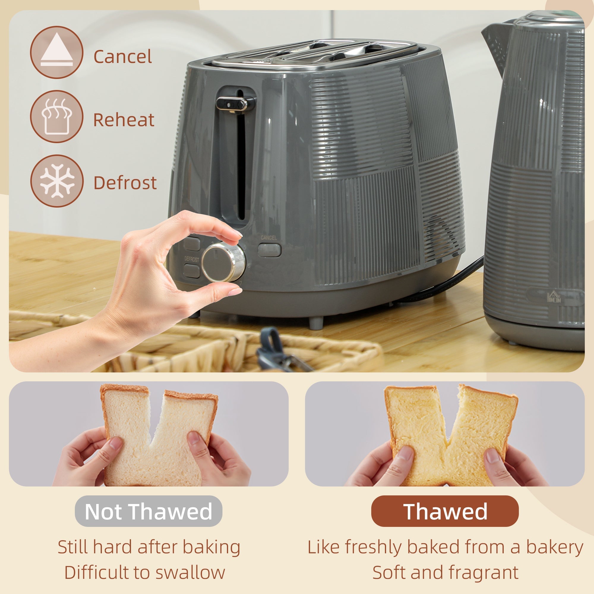 Kettle and Toaster Set, 1.7L 3000W Fast Boil Kettle & 2 Slice Toaster Kitchen Set with 7 Level Browning Controls, Defrost, Reheat, Boil-dry Protection, Grey-4