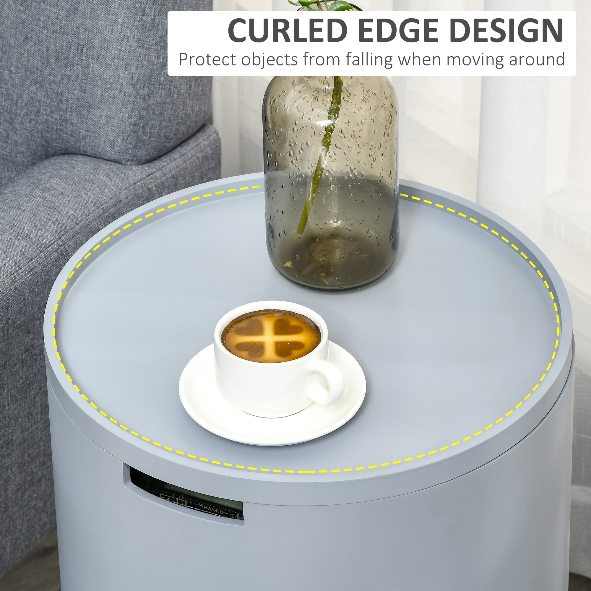 Modern Side Table with Hidden Storage Space, Round Night Stand with Removable Tray Wood Frame for Living Room Children's Room, Grey-4