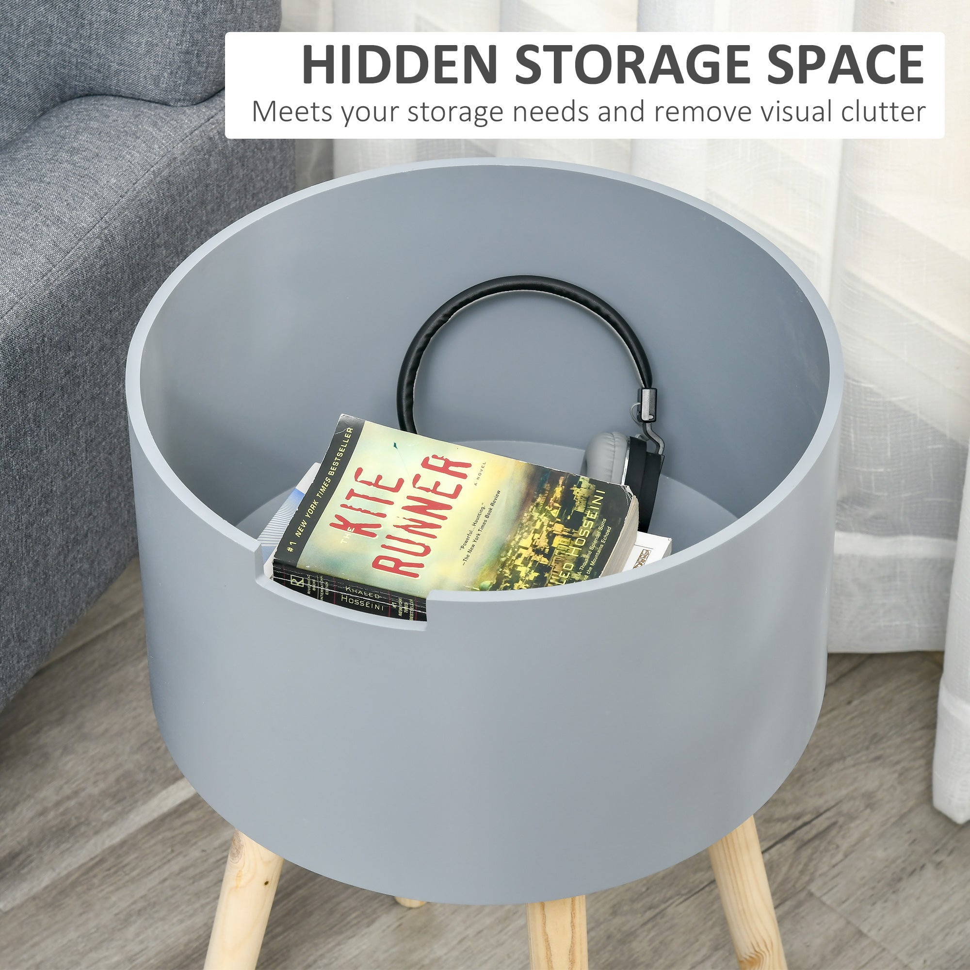 Modern Side Table with Hidden Storage Space, Round Night Stand with Removable Tray Wood Frame for Living Room Children's Room, Grey-3