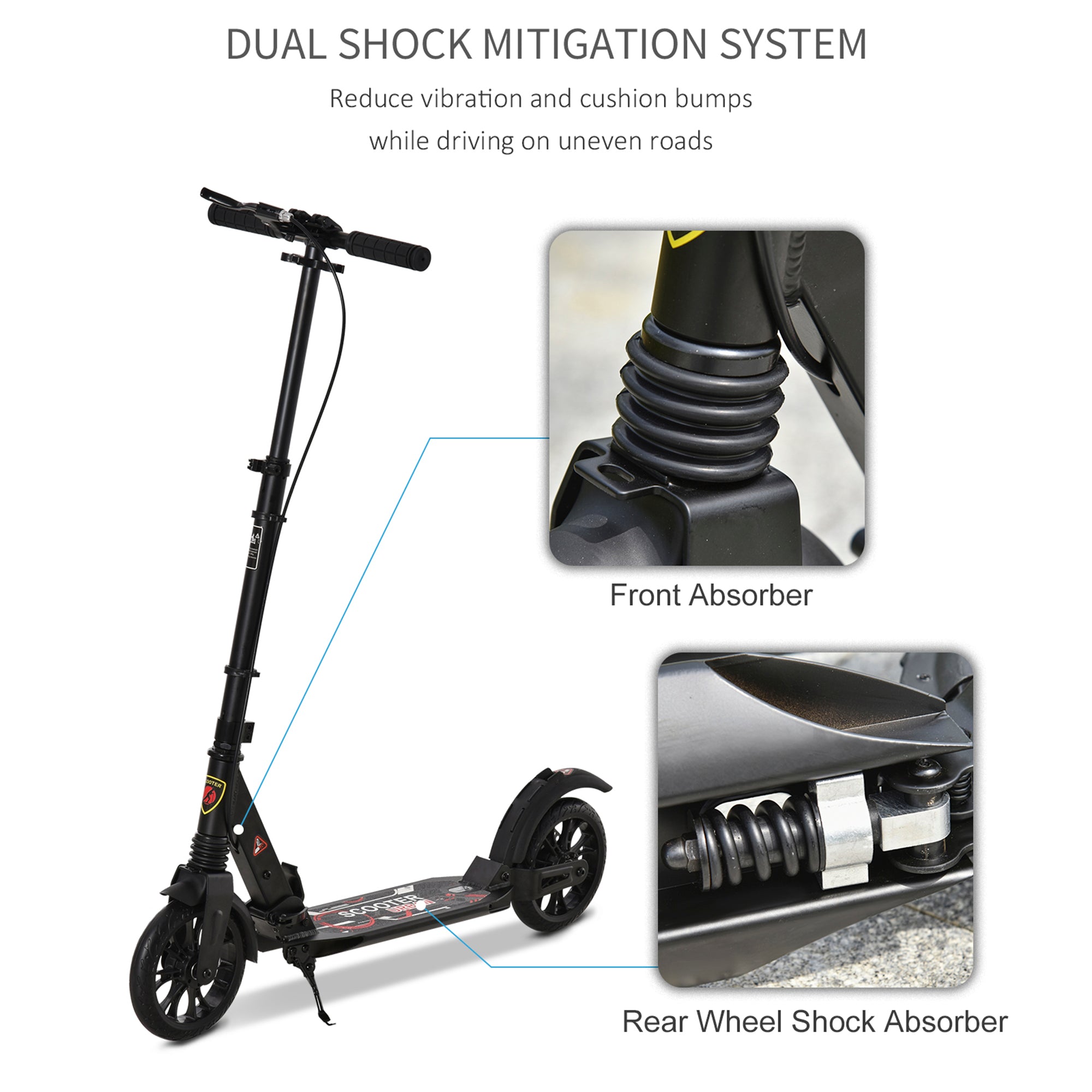 Adult Teens Kick Scooter Foldable Height Adjustable Aluminum Ride On Toy for 14+ with Rear Wheel & Hand Brake, Shock Mitigation System - Black-3