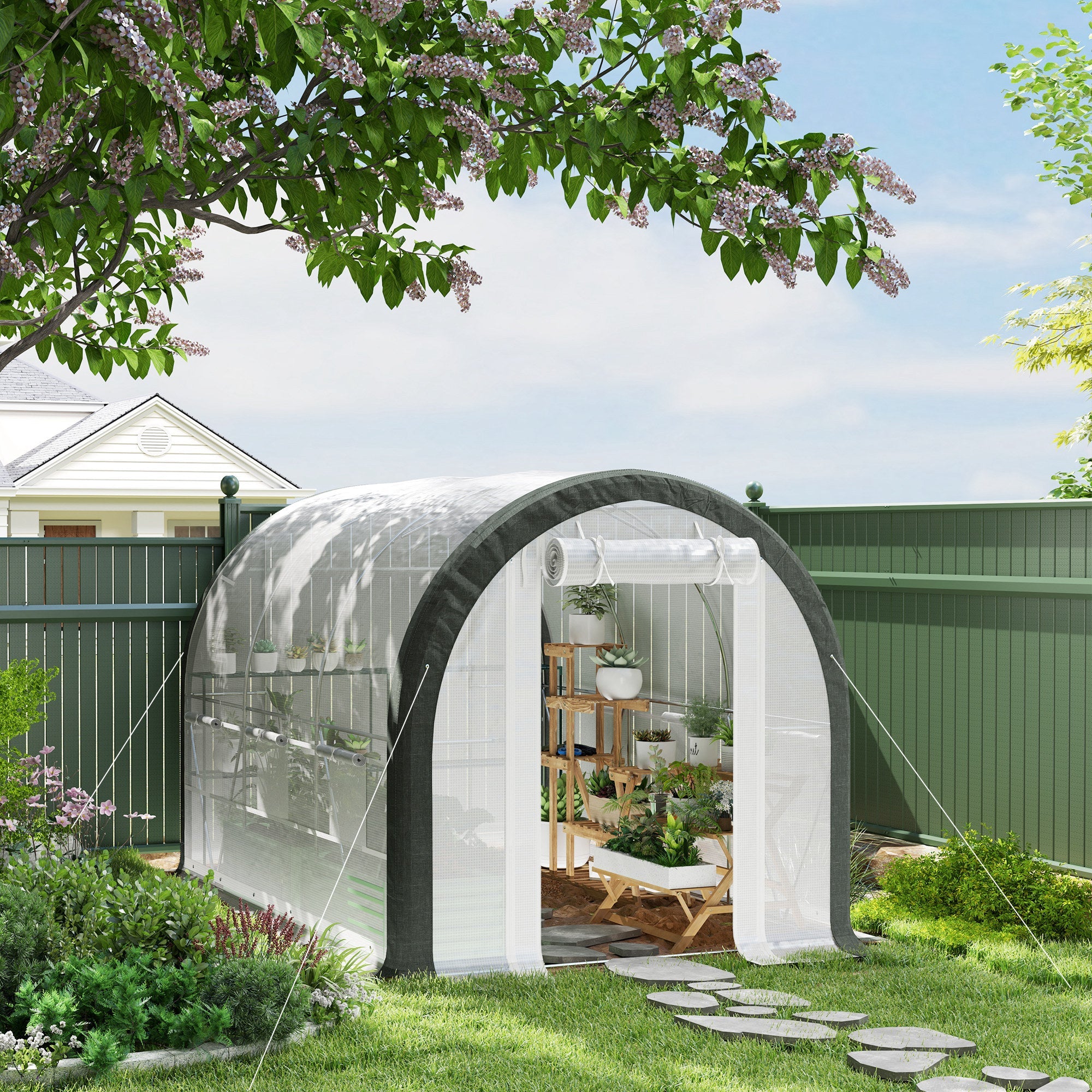 3 x 2m Walk-In Tunnel Greenhouse Set with Galvanised Steel Frame - White-1