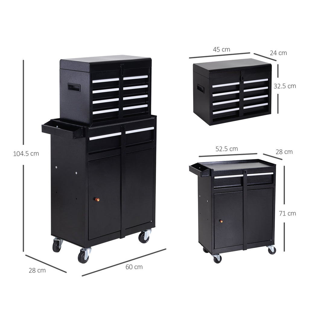 Tool Chest 2 in 1 Metal Tool Cabinet Storage Box with 5 Drawers Pegboard Wheels 60x28x104.5cm Black-2