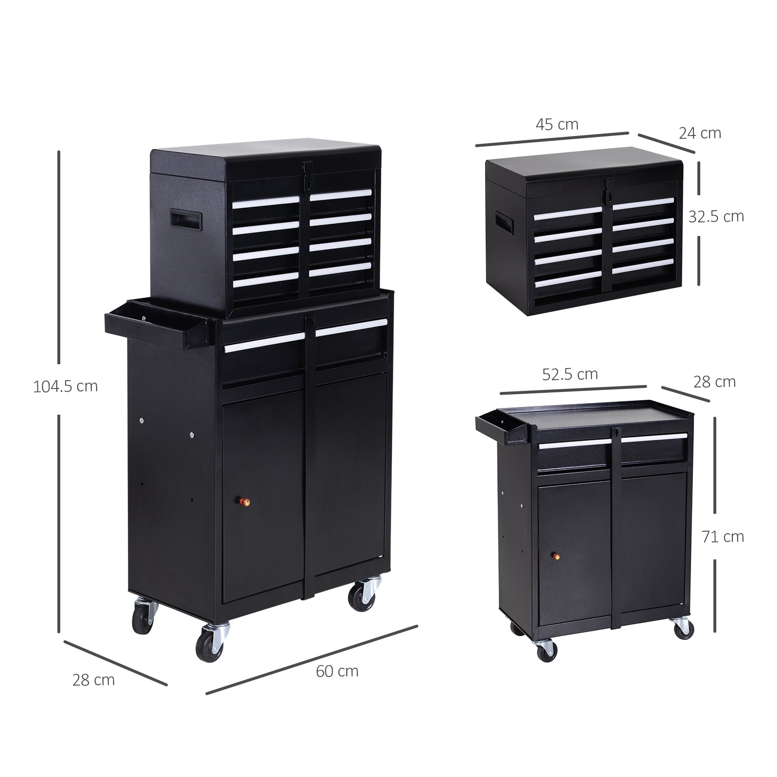 Tool Chest 2 in 1 Metal Tool Cabinet Storage Box with 5 Drawers Pegboard Wheels 60x28x104.5cm Black-2