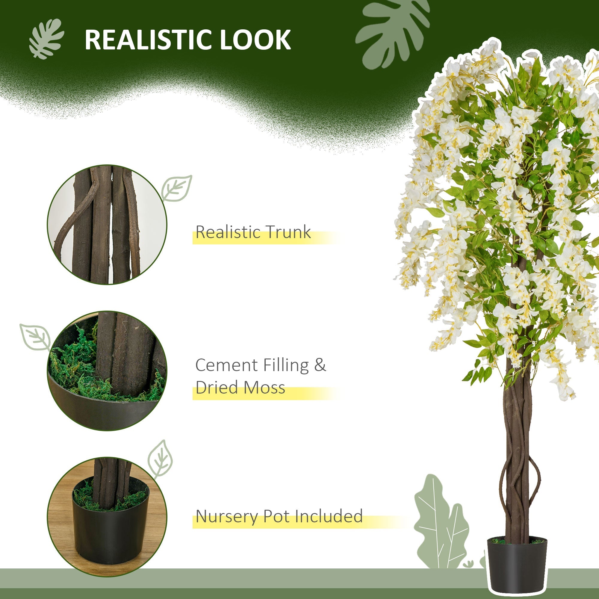 Artificial Realistic White Wisteria Tree Faux Decorative Plant in Nursery Pot for Indoor Outdoor Décor, 160cm-4