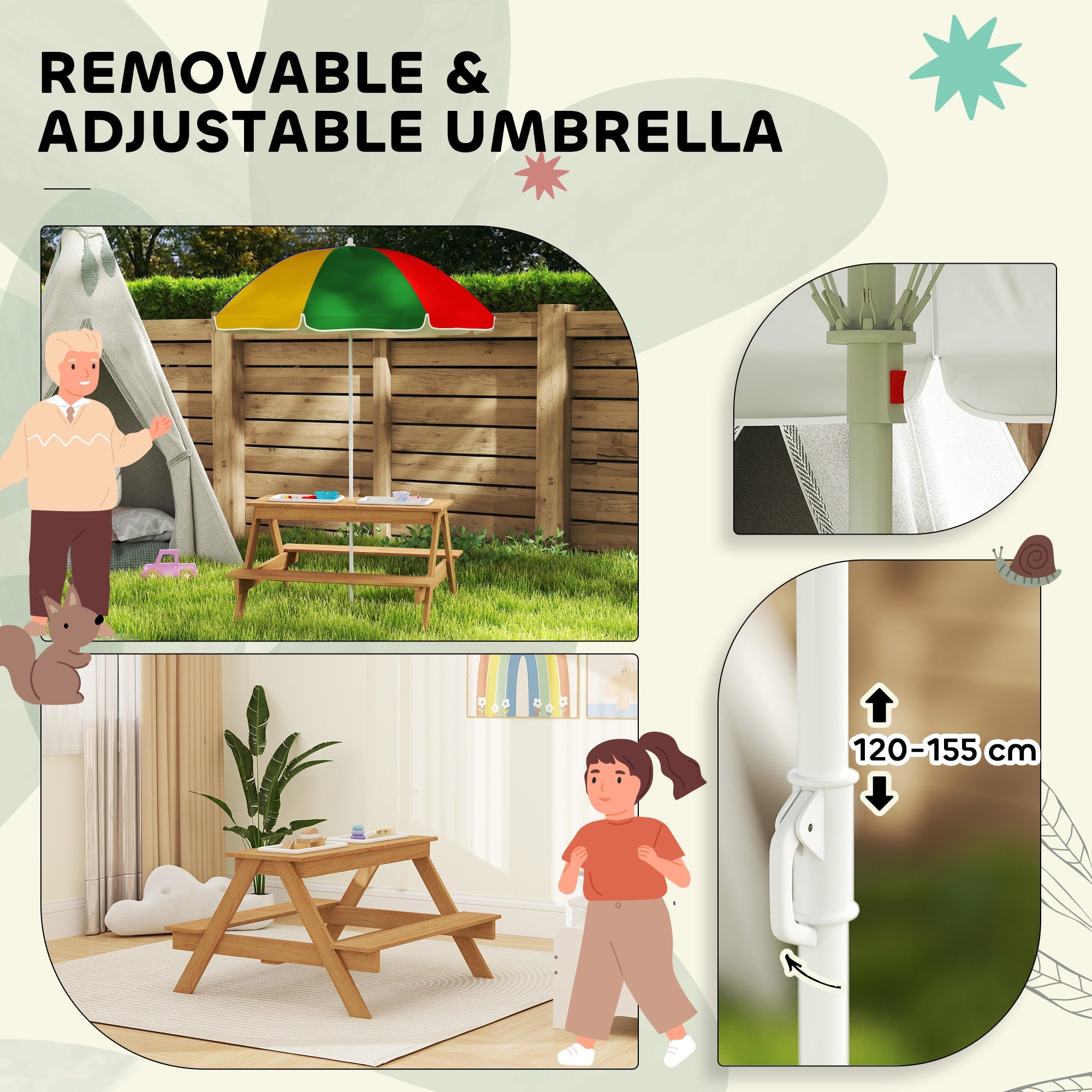 Kids Picnic Table Set with Sand and Water Bins Adjustable Parasol Multicolour-4