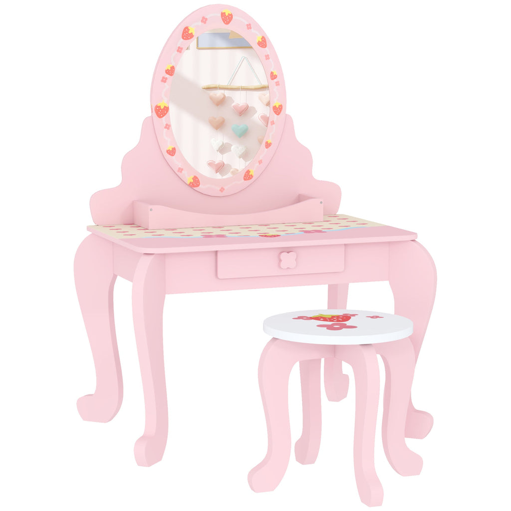 3 Piece Kids Dressing Table Set with Stool and Mirror Pink Strawberry Theme-0