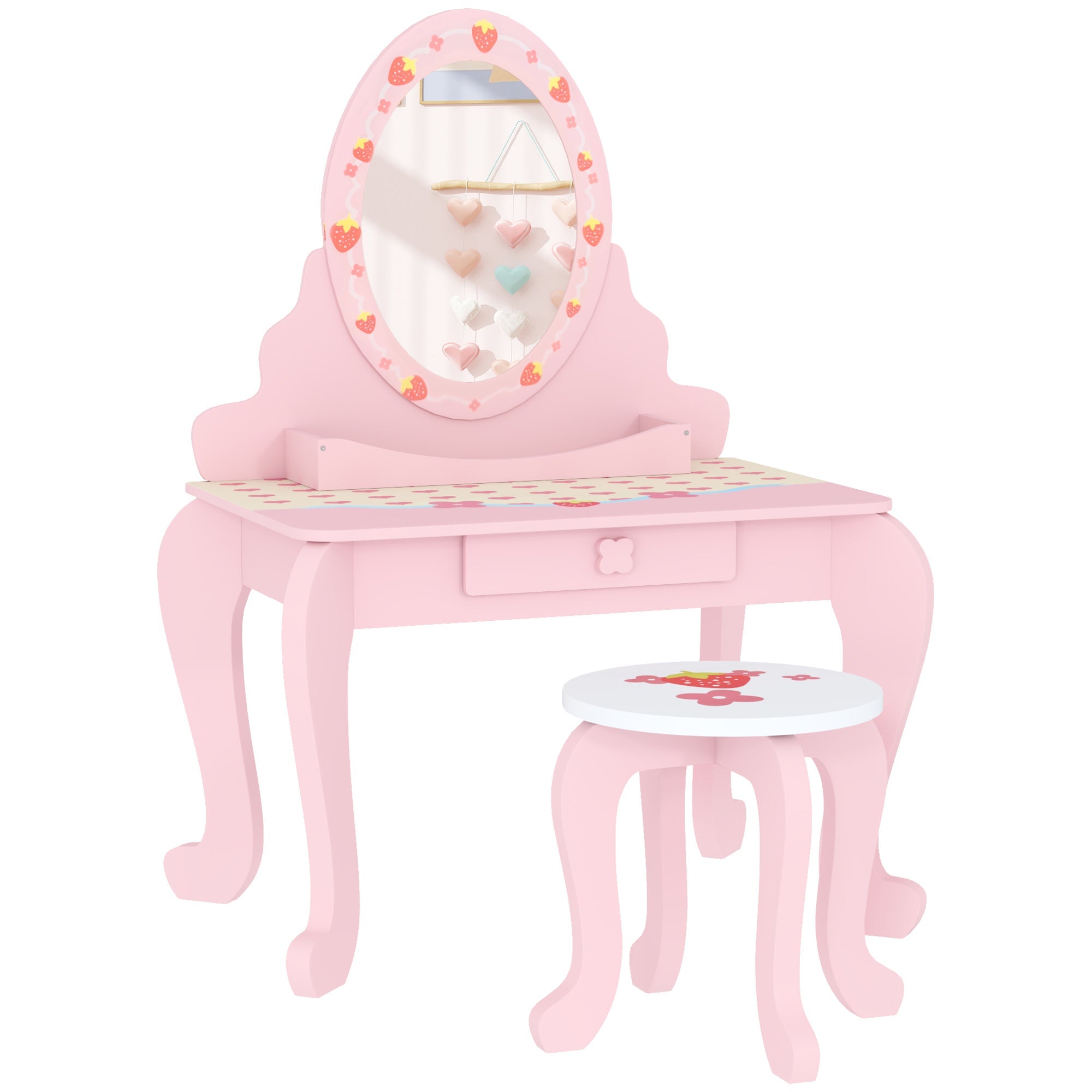 3 Piece Kids Dressing Table Set with Stool and Mirror Pink Strawberry Theme-0