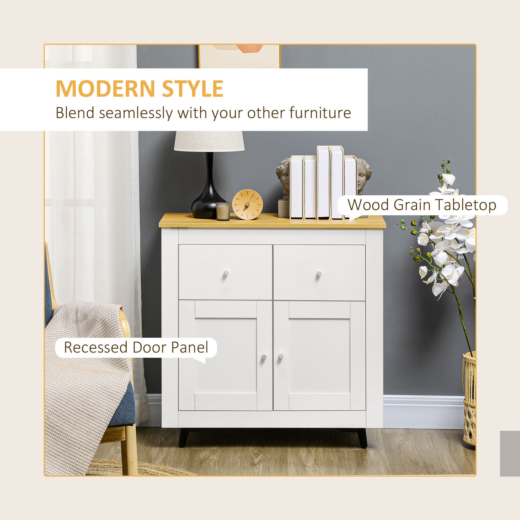 Sideboard Cabinet, Modern Kitchen Cupboard with Double Doors and Drawers for Dining Room, Living Room and Entryway, White-3