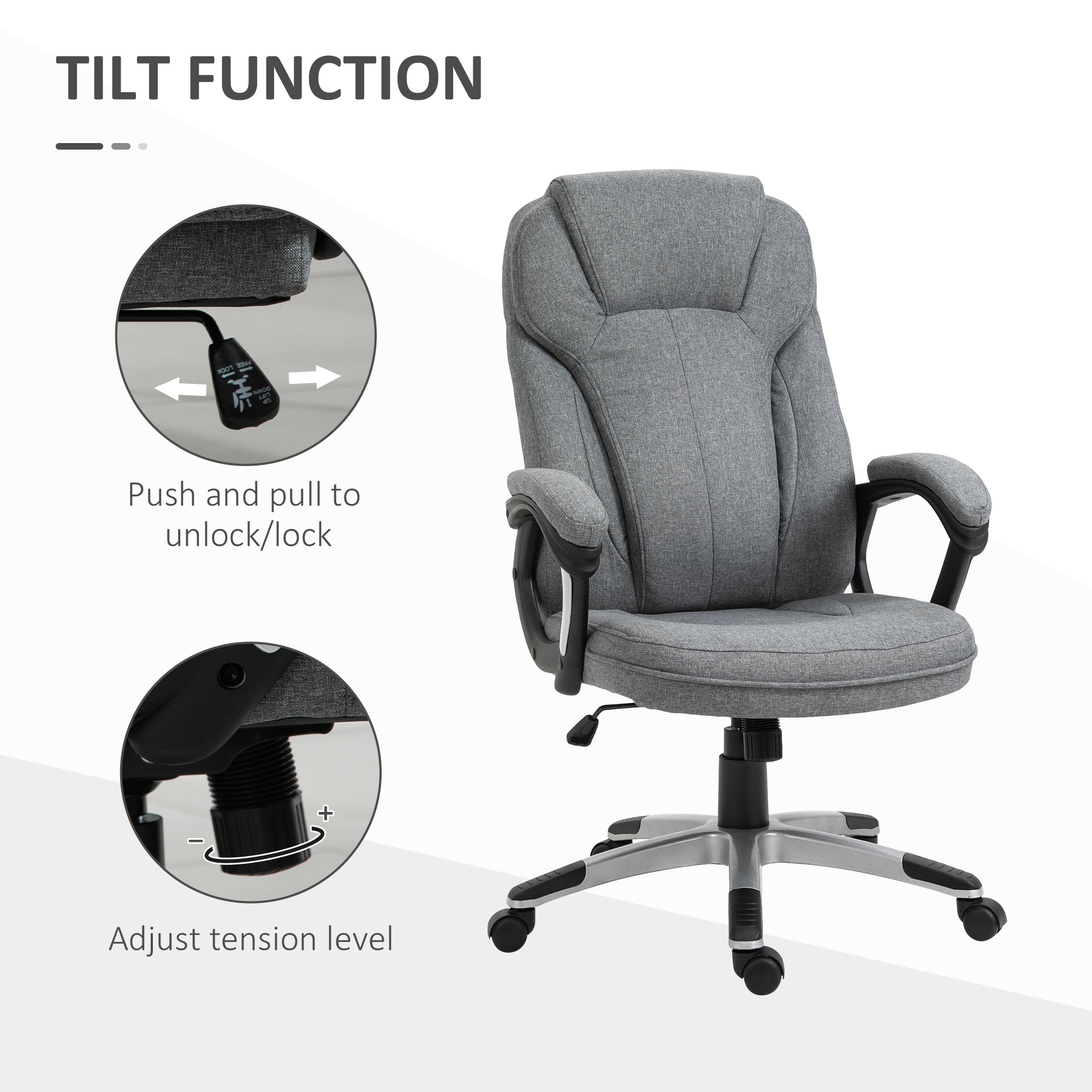 Swivel Chair Linen Fabric Home Office Chair, Height Adjustable Computer Chair with Padded Armrests and Tilt Function, Grey-4