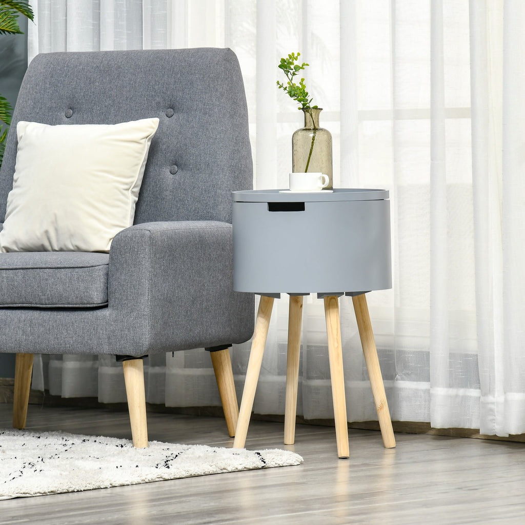 Modern Side Table with Hidden Storage Space, Round Night Stand with Removable Tray Wood Frame for Living Room Children's Room, Grey-1