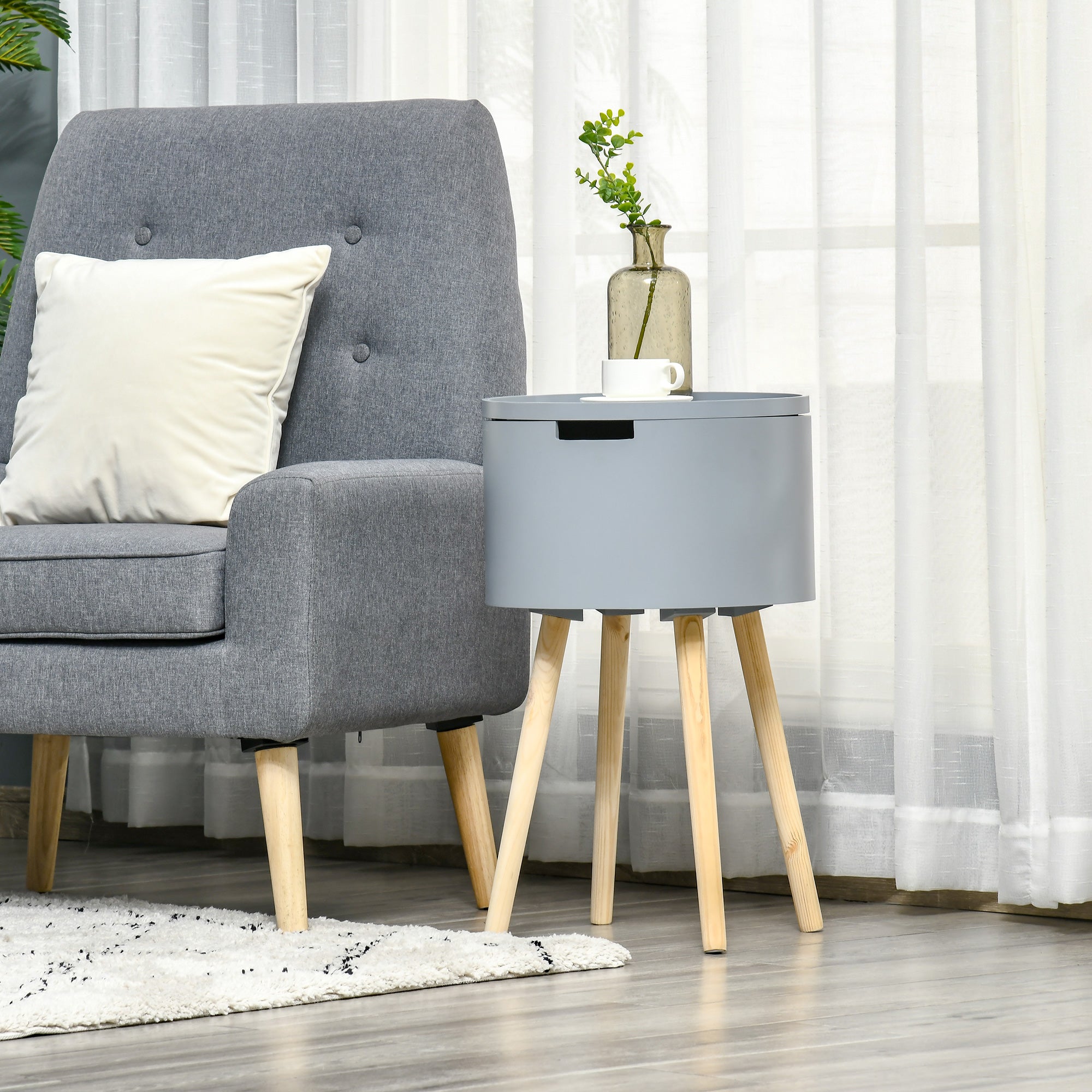 Modern Side Table with Hidden Storage Space, Round Night Stand with Removable Tray Wood Frame for Living Room Children's Room, Grey-1