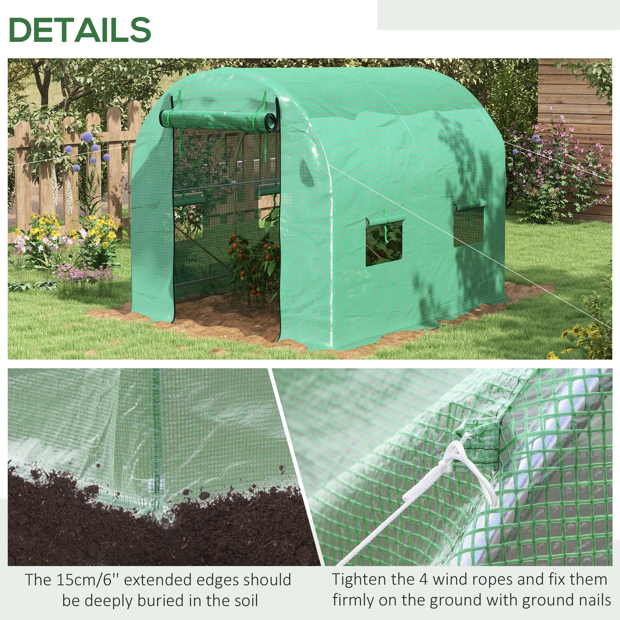 2.5 x 2m Walk-In Polytunnel Greenhouse with Steel Frame and Roll-Up Door - Green-4