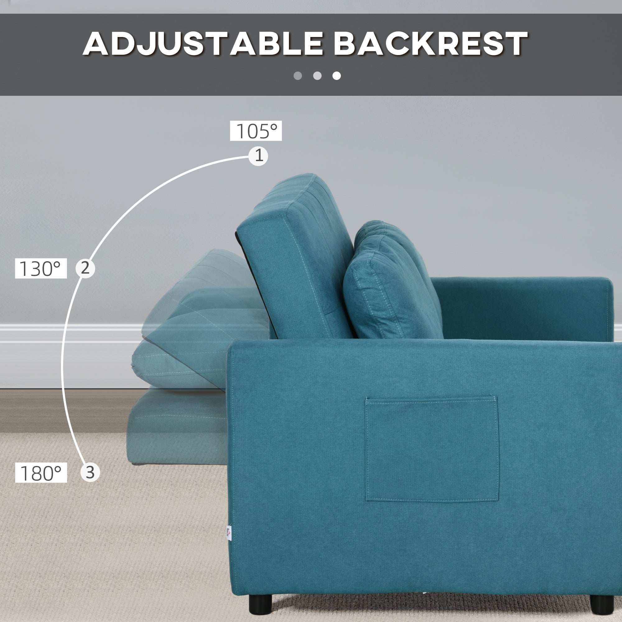 Loveseat Sofa Bed, Convertible Bed Settee with 2 Cushions, Side Pockets for Living Room, Blue-4