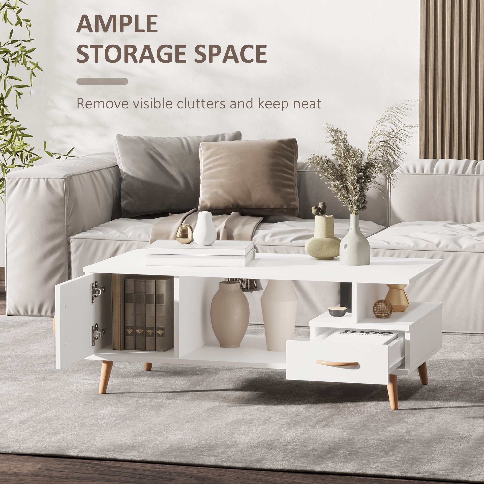 Modern Minimalism Coffee Table with Storage, Sofa Side Table with Shelf & Drawer for Living Room Reception Room, White-4