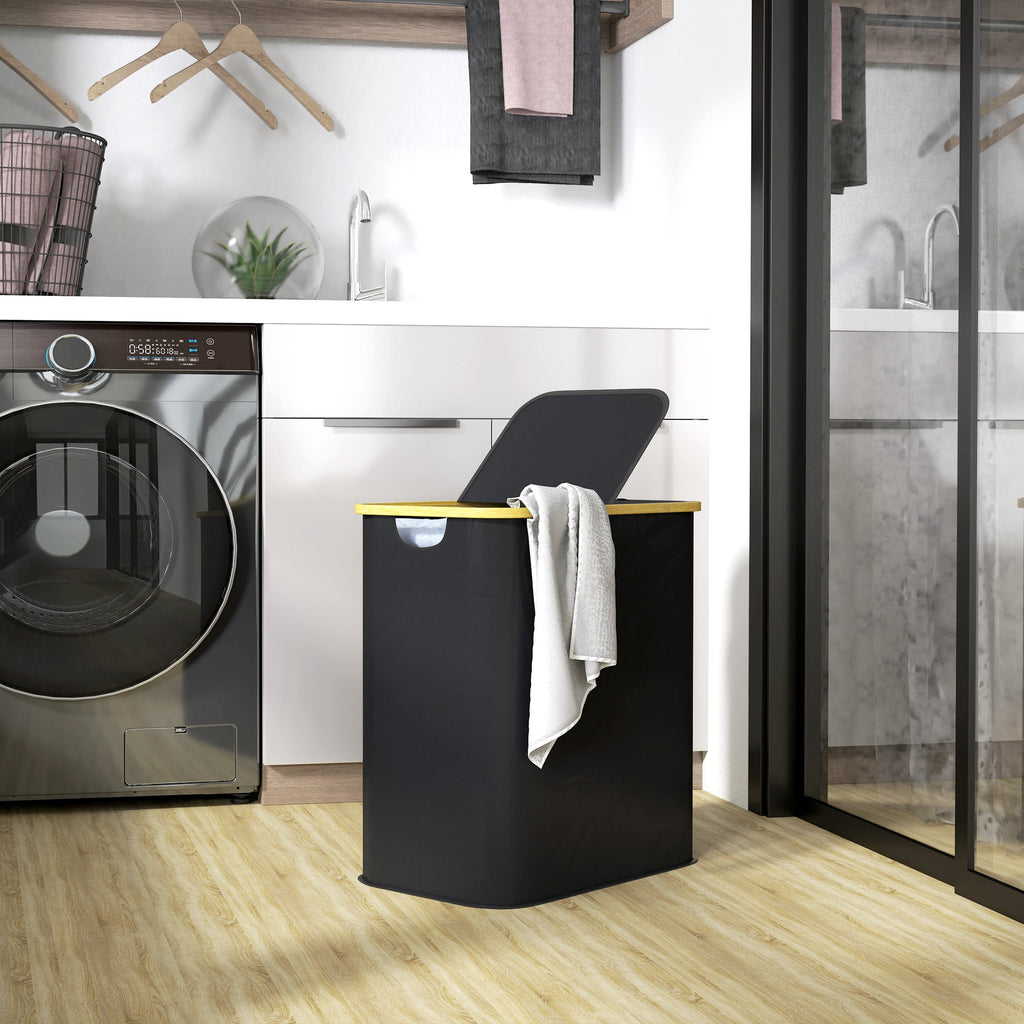 Double Laundry Basket With Lid, 80L Collapsible Laundry Hamper with Groove Handles, Washing Basket for Bathroom, Bedroom, Laundry Room, Black-1