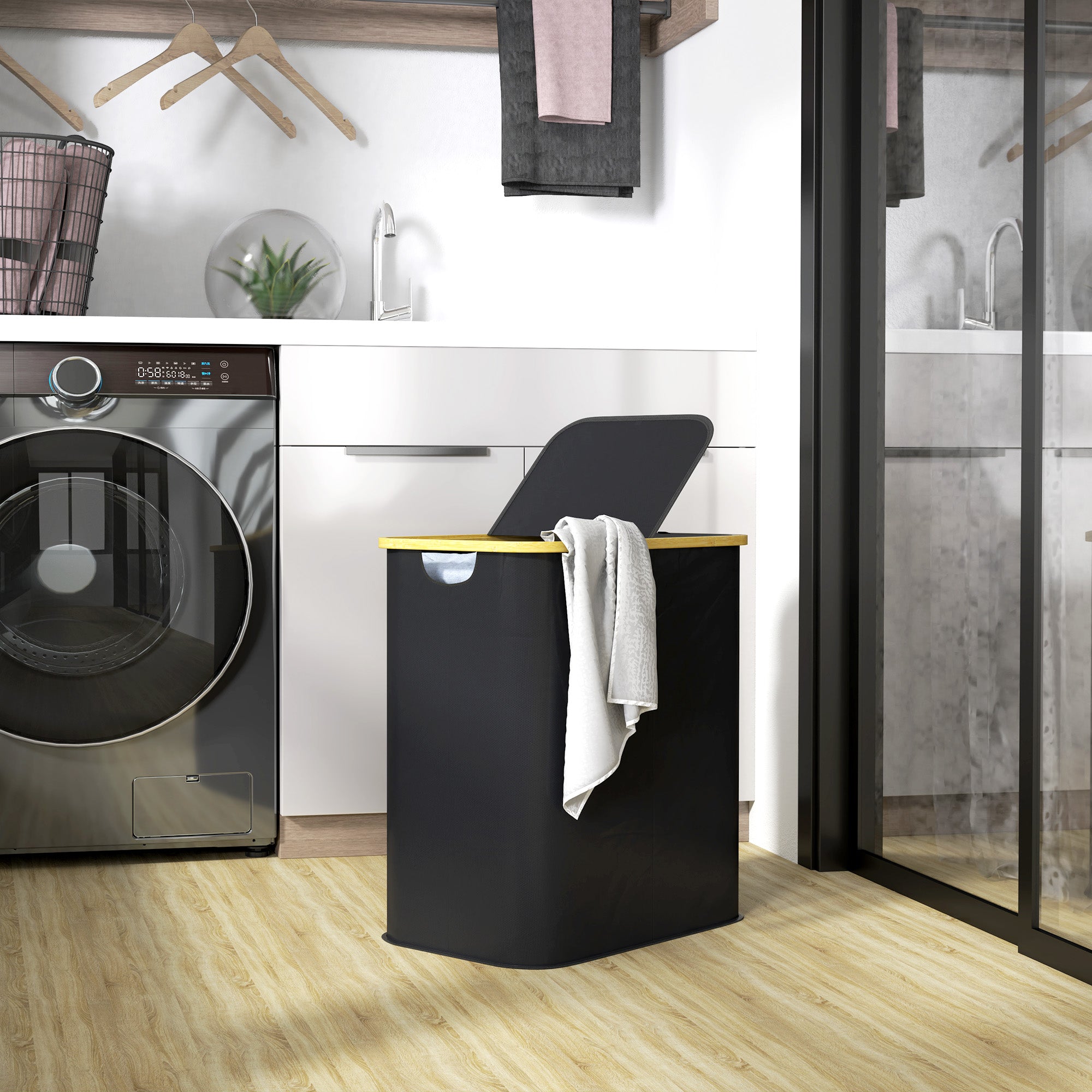 Double Laundry Basket With Lid, 80L Collapsible Laundry Hamper with Groove Handles, Washing Basket for Bathroom, Bedroom, Laundry Room, Black-1