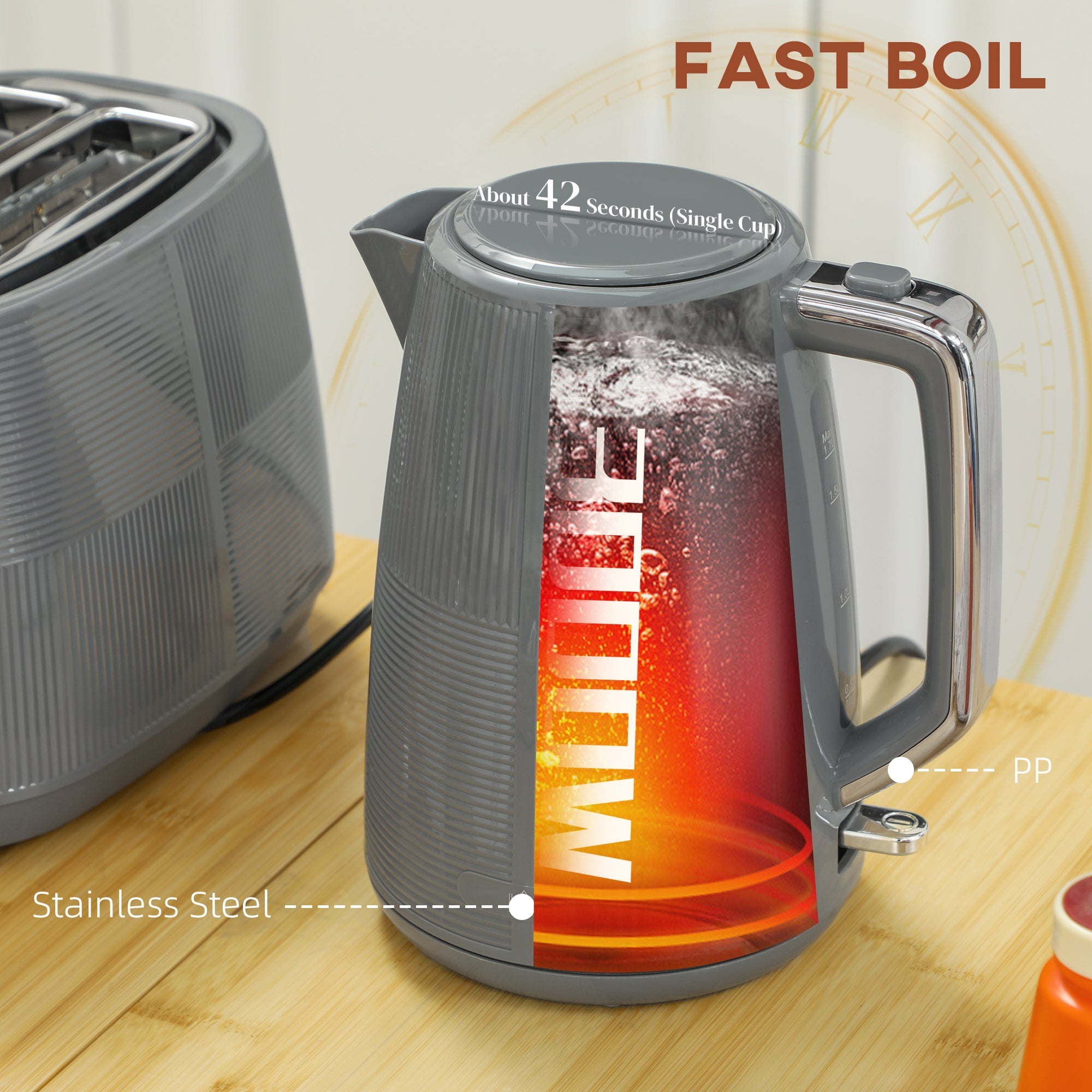 Kettle and Toaster Set, 1.7L 3000W Fast Boil Kettle & 2 Slice Toaster Kitchen Set with 7 Level Browning Controls, Defrost, Reheat, Boil-dry Protection, Grey-3
