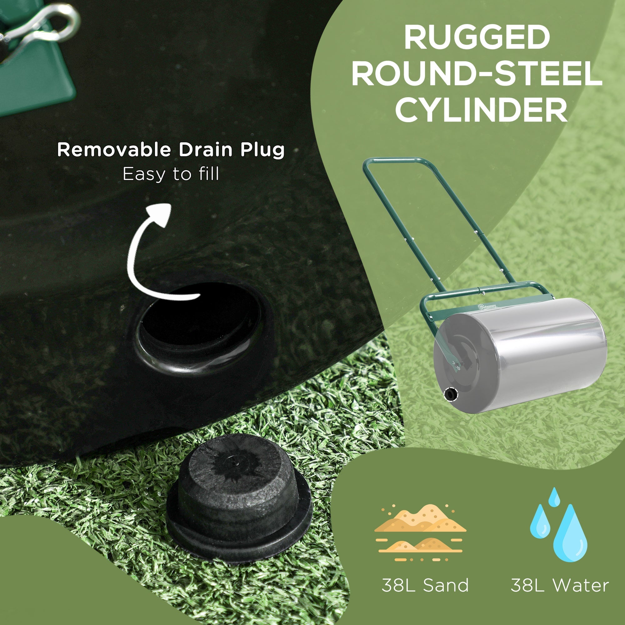 38L Fillable Steel Lawn Roller for Lawn Flattening - Dark Green-3