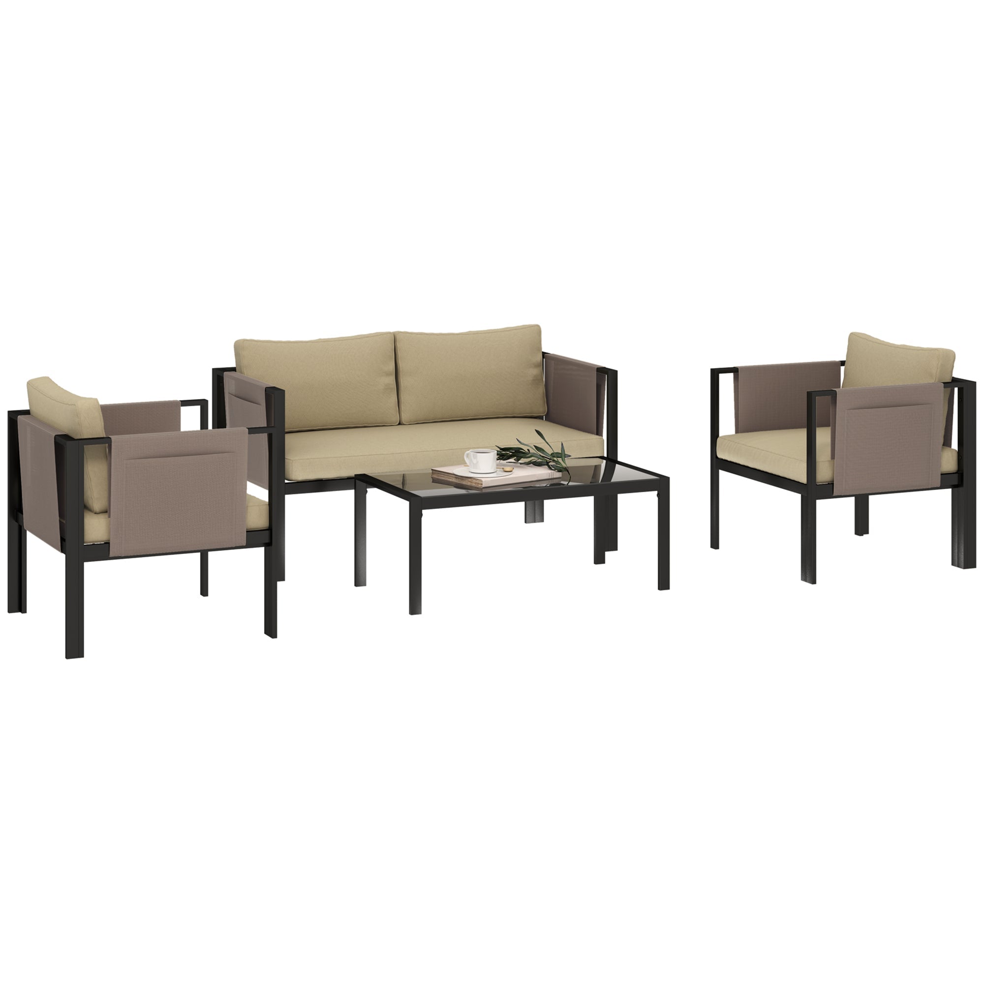4 Piece Metal Garden Furniture Set with Padded Cushions - Khaki-0
