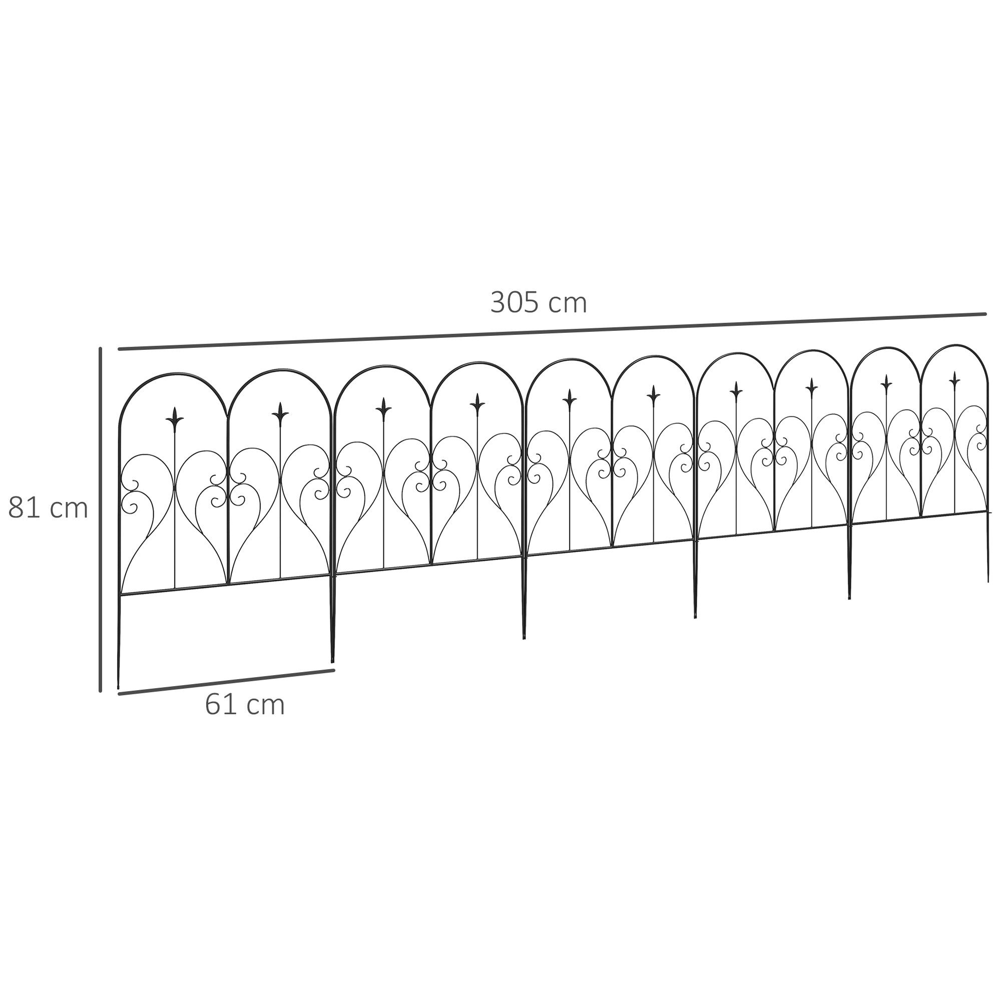 Set of 5 Metal Outdoor Picket Fence Panels with Heart Scrollwork - Black-2
