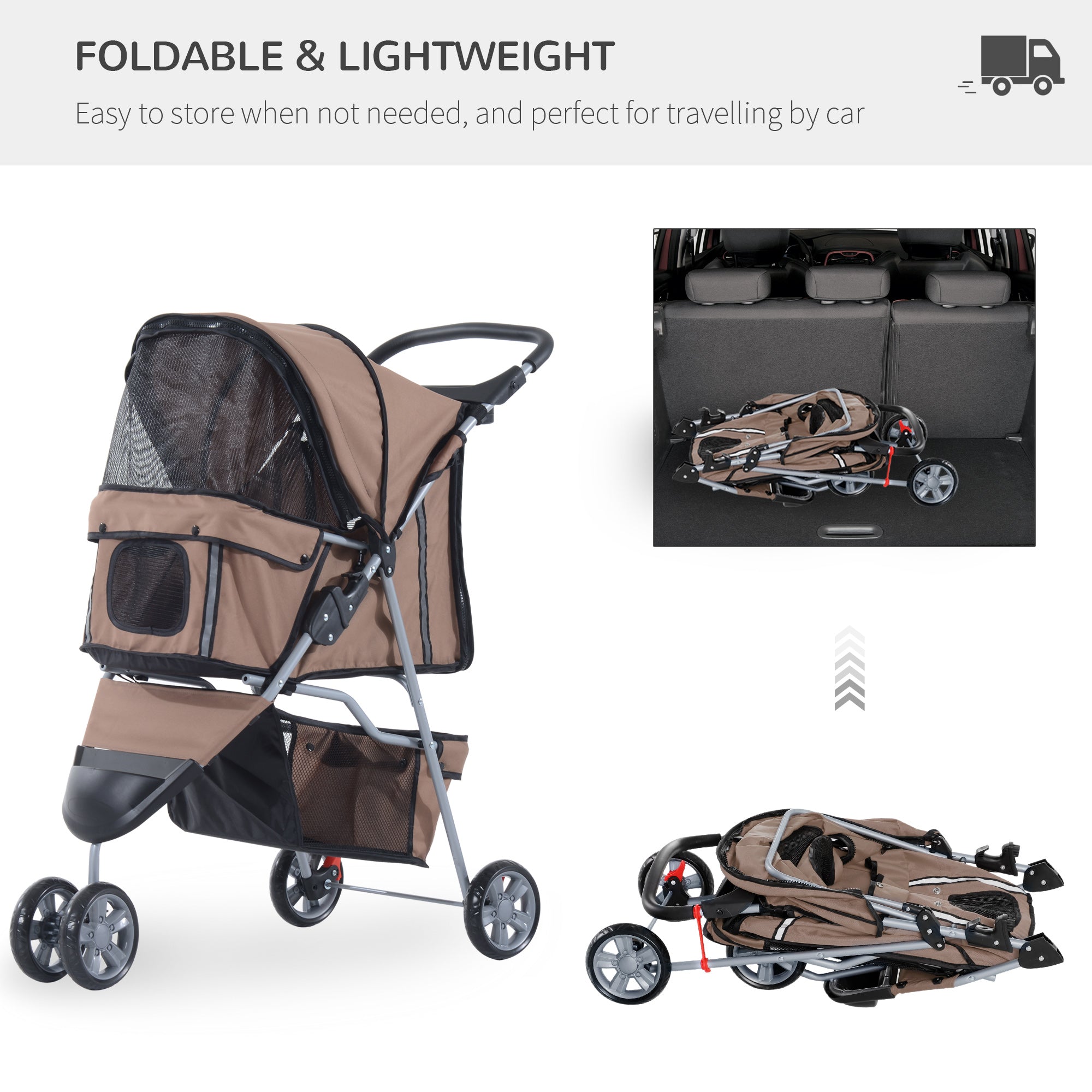 Dog Stroller with Cover for Small Miniature Dogs, Folding Cat Pram Dog Pushchair with Cup Holder, Storage Basket, Reflective Strips, Brown-4