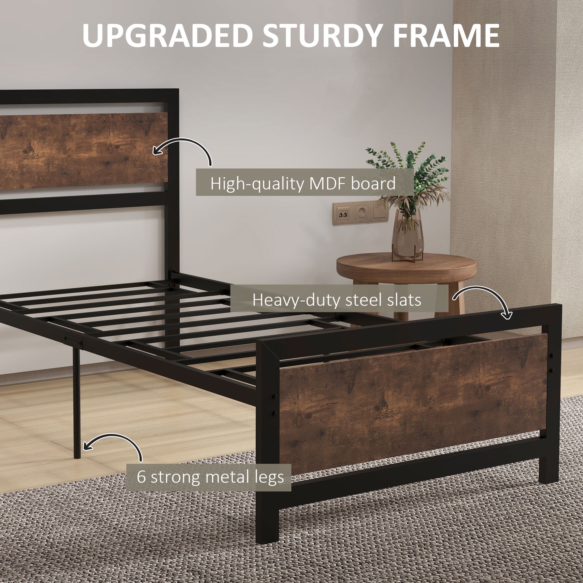 Single Industrial Style Metal Bed Frame with Rustic Wooden Headboard - Black-3