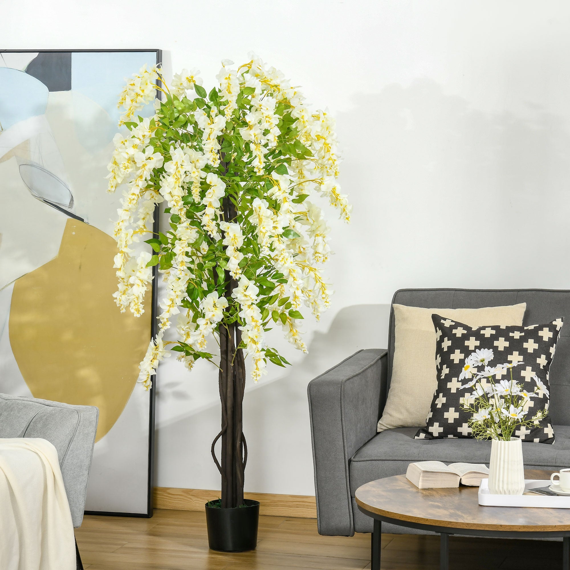 Artificial Realistic White Wisteria Tree Faux Decorative Plant in Nursery Pot for Indoor Outdoor Décor, 160cm-1