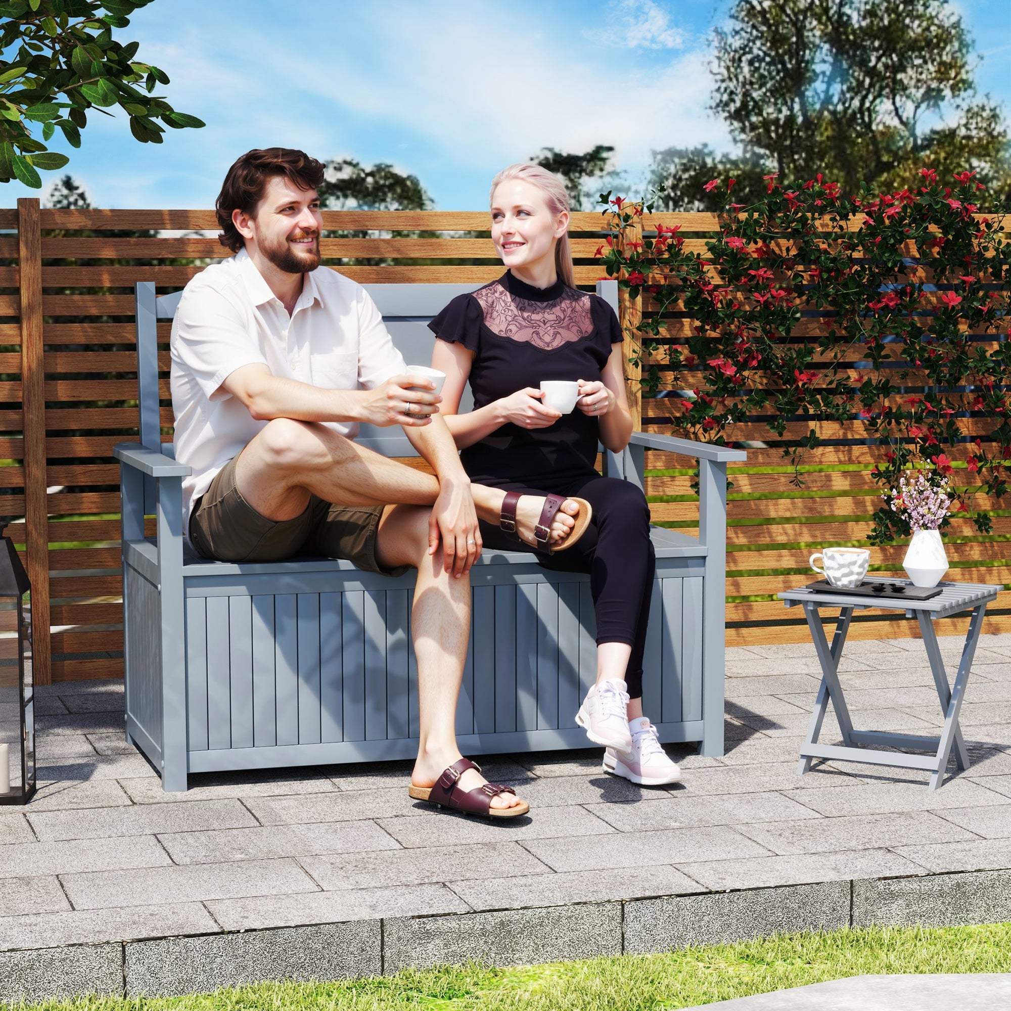 2 Seater Wooden Storage Bench with Hidden Compartment - Grey-1