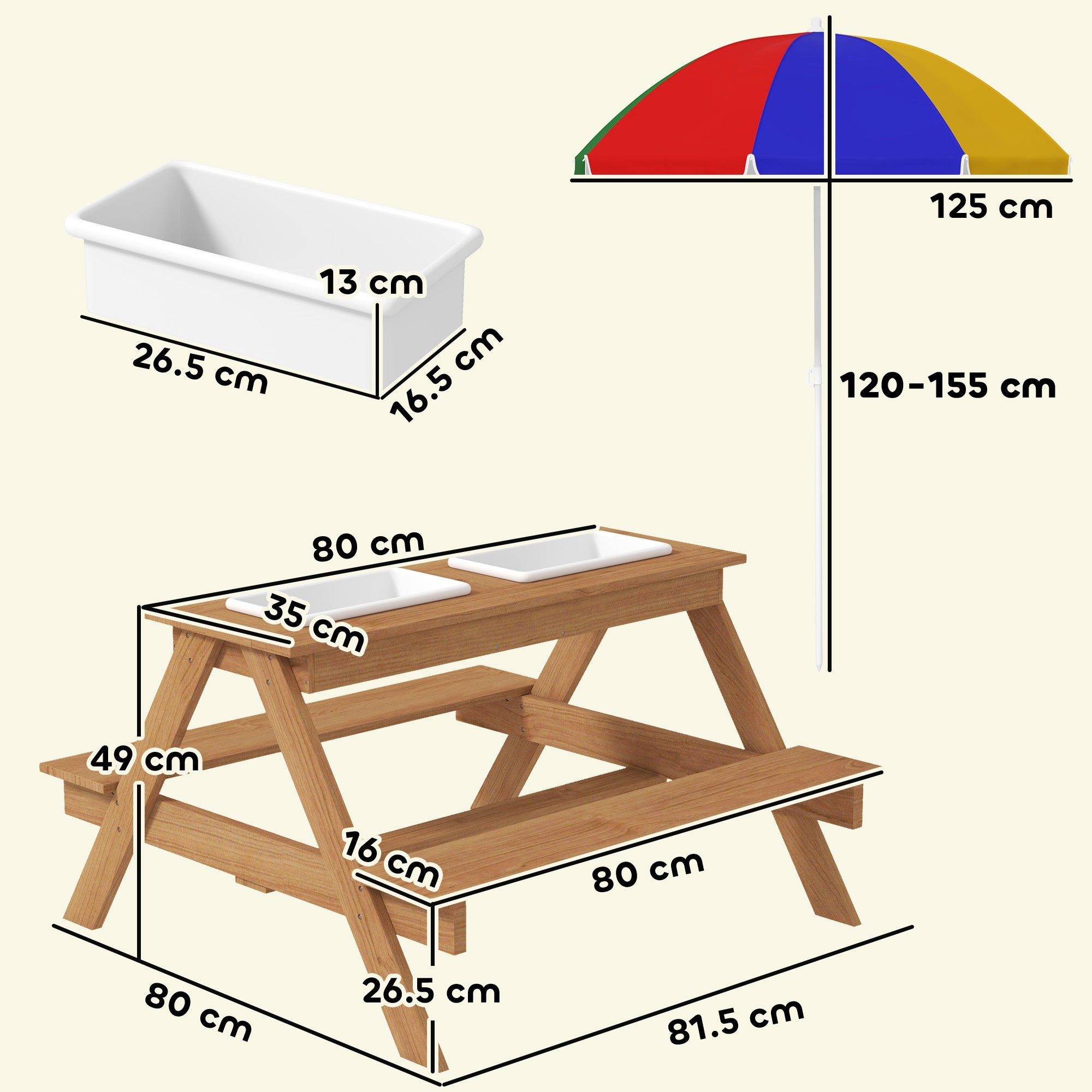Kids Picnic Table Set with Sand and Water Bins Adjustable Parasol Multicolour-2
