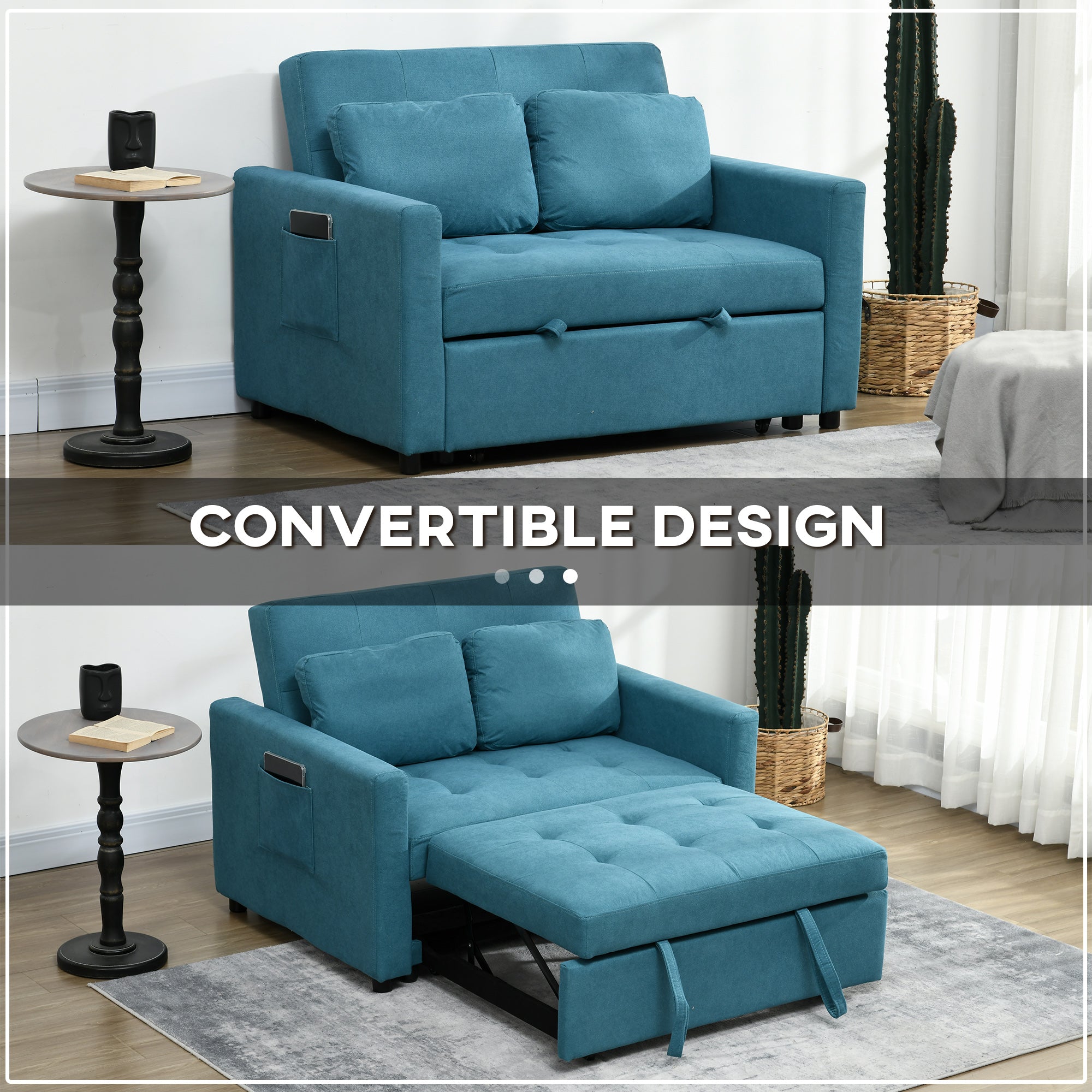 Loveseat Sofa Bed, Convertible Bed Settee with 2 Cushions, Side Pockets for Living Room, Blue-3