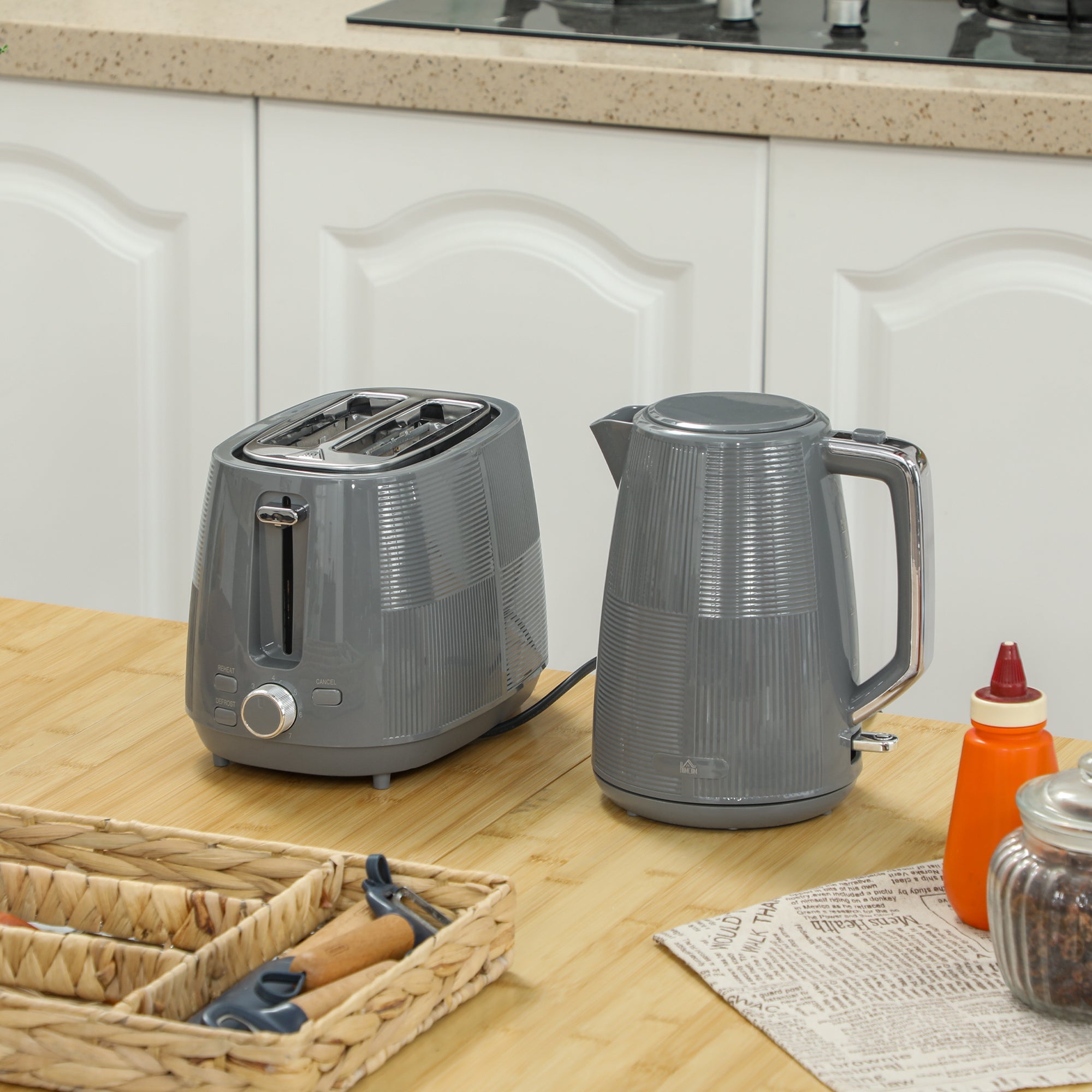 Kettle and Toaster Set, 1.7L 3000W Fast Boil Kettle & 2 Slice Toaster Kitchen Set with 7 Level Browning Controls, Defrost, Reheat, Boil-dry Protection, Grey-1