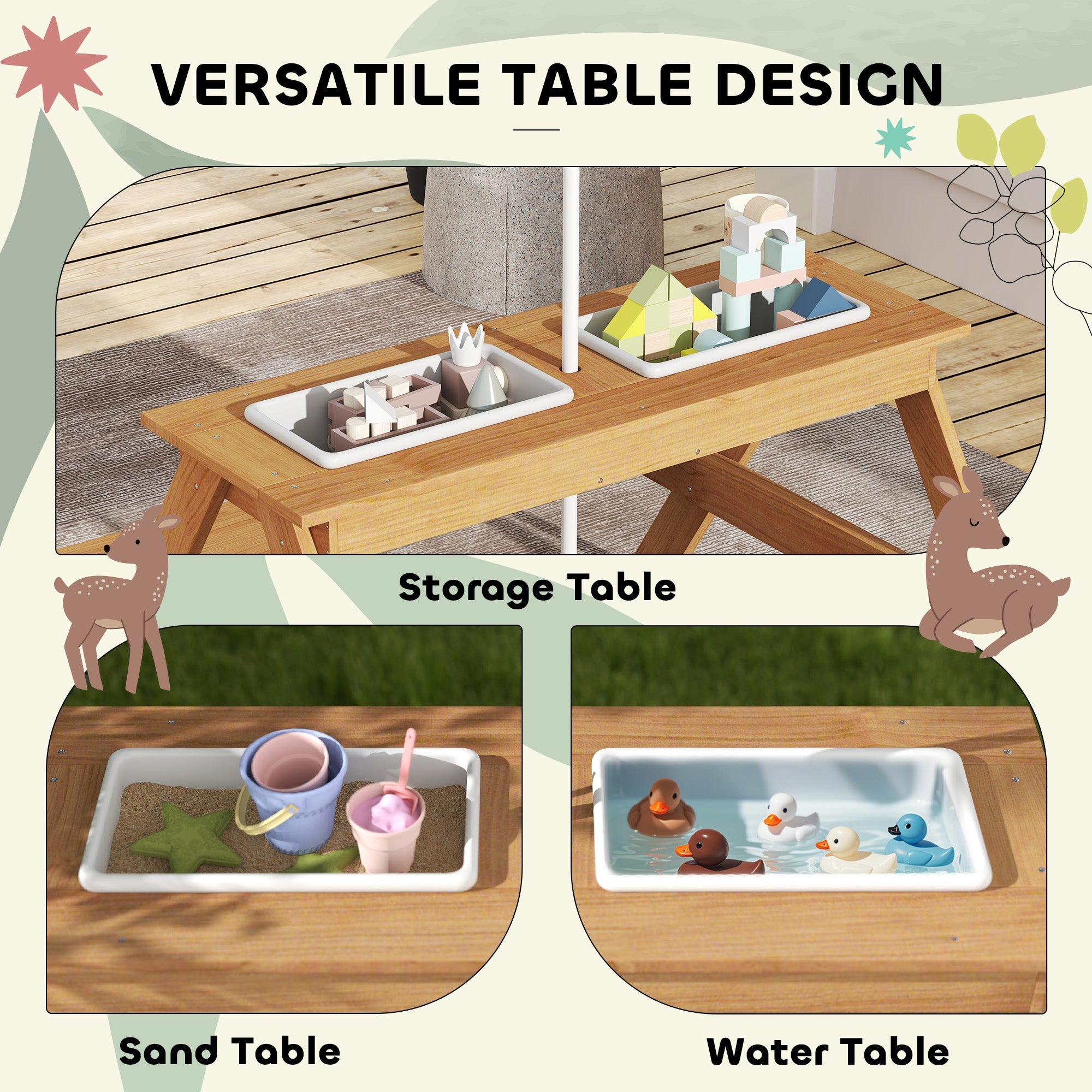 Kids Picnic Table Set with Sand and Water Bins Adjustable Parasol Multicolour-3