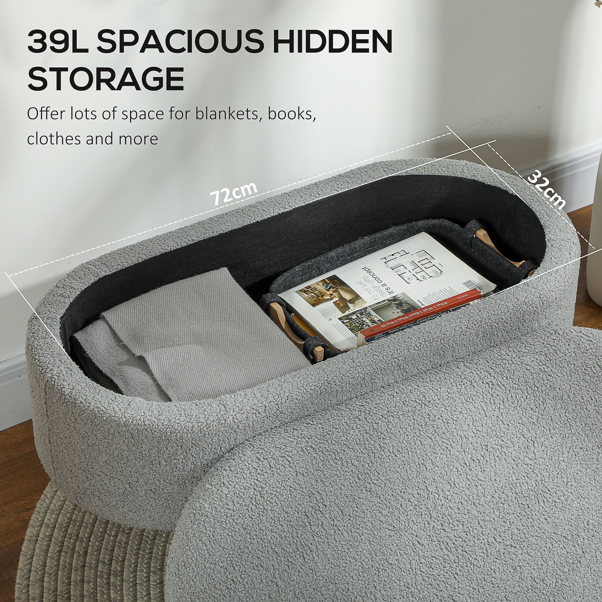 Teddy Fleece Storage Ottoman - Grey-3