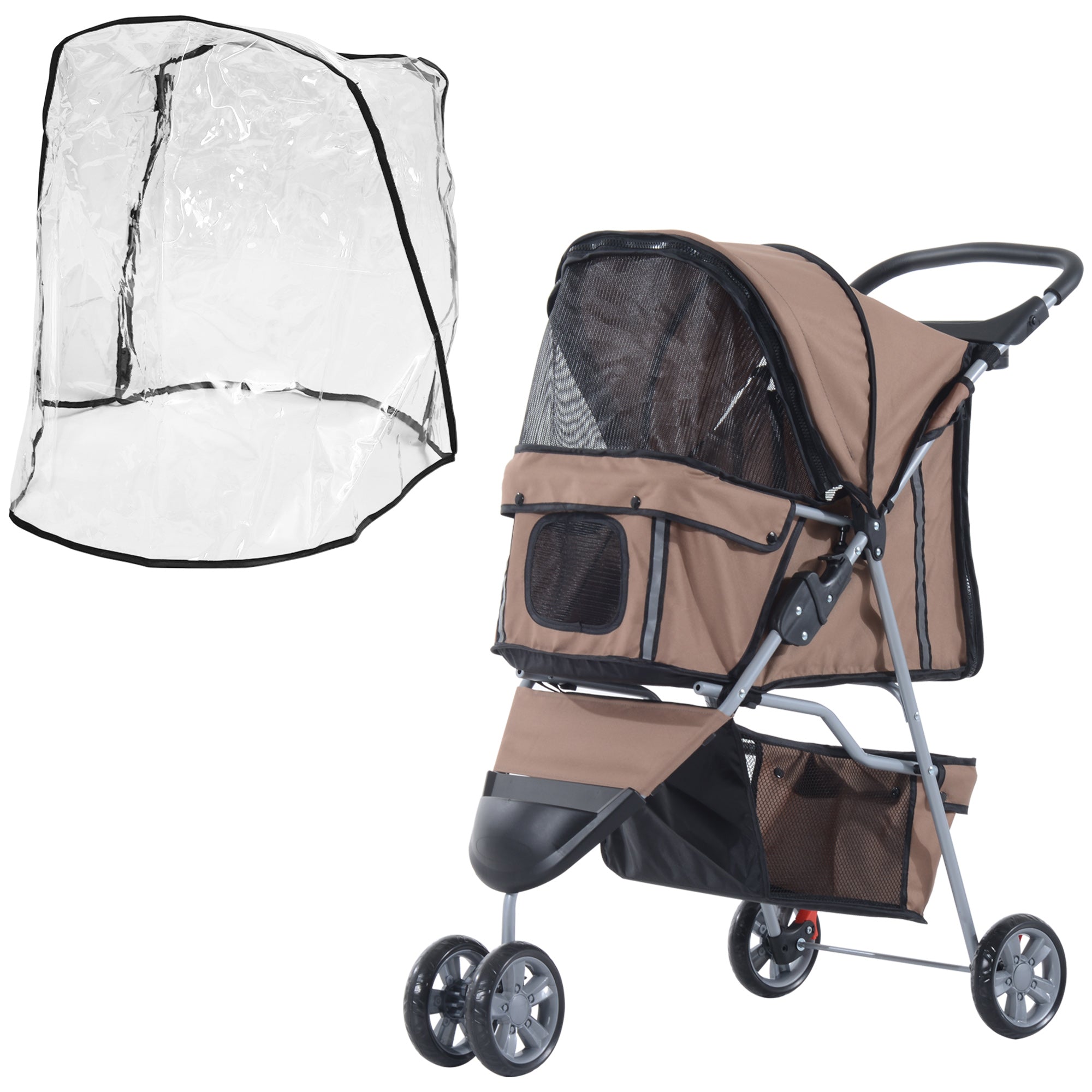 Dog Stroller with Cover for Small Miniature Dogs, Folding Cat Pram Dog Pushchair with Cup Holder, Storage Basket, Reflective Strips, Brown-0