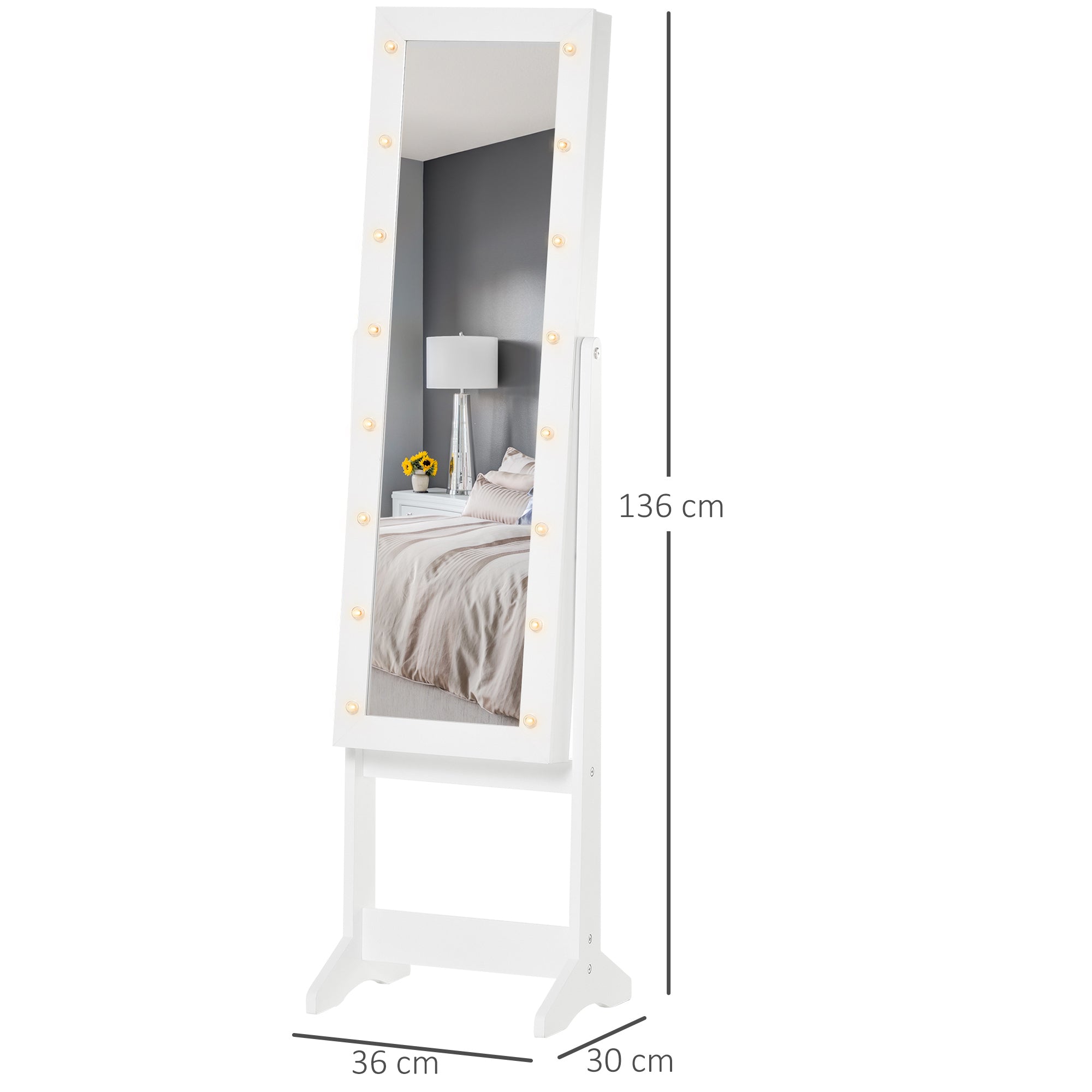 Full Body Mirrored Jewelry Cabinet W/ LED Light Jewelry Cabinet W/ 3 Angle Adjustable For Rings Earrings Bracelets Cosmetics Warm White-2