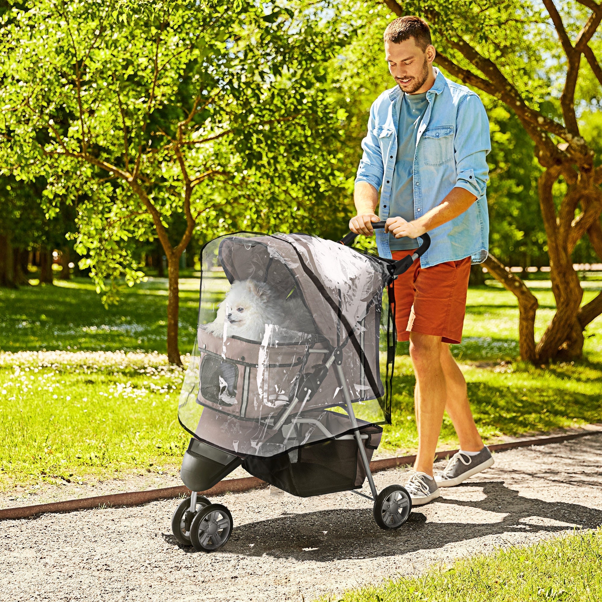 Dog Stroller with Cover for Small Miniature Dogs, Folding Cat Pram Dog Pushchair with Cup Holder, Storage Basket, Reflective Strips, Brown-1