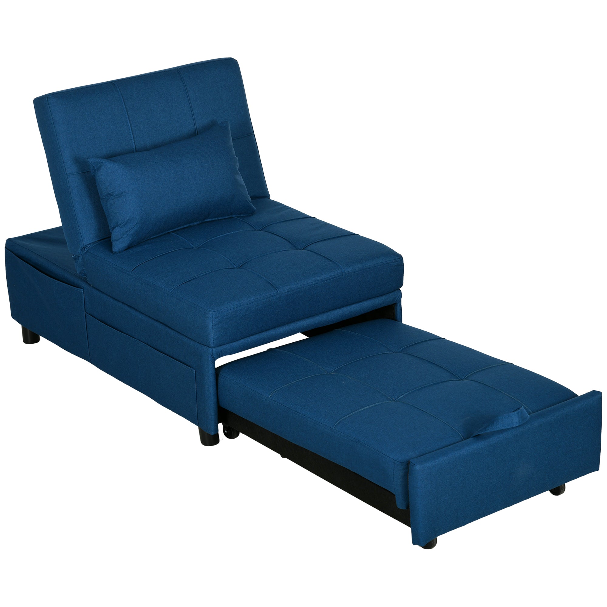 Convertible Chair Bed w/ Padding Seat, 3-in-1 Multi-Functional Sleeper Chair Bed, Recliner w/ Adjustable Backrest, Wheels and Pillow, Blue-0
