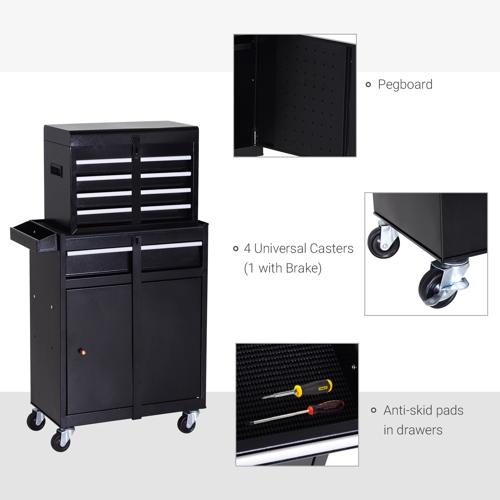 Tool Chest 2 in 1 Metal Tool Cabinet Storage Box with 5 Drawers Pegboard Wheels 60x28x104.5cm Black-4