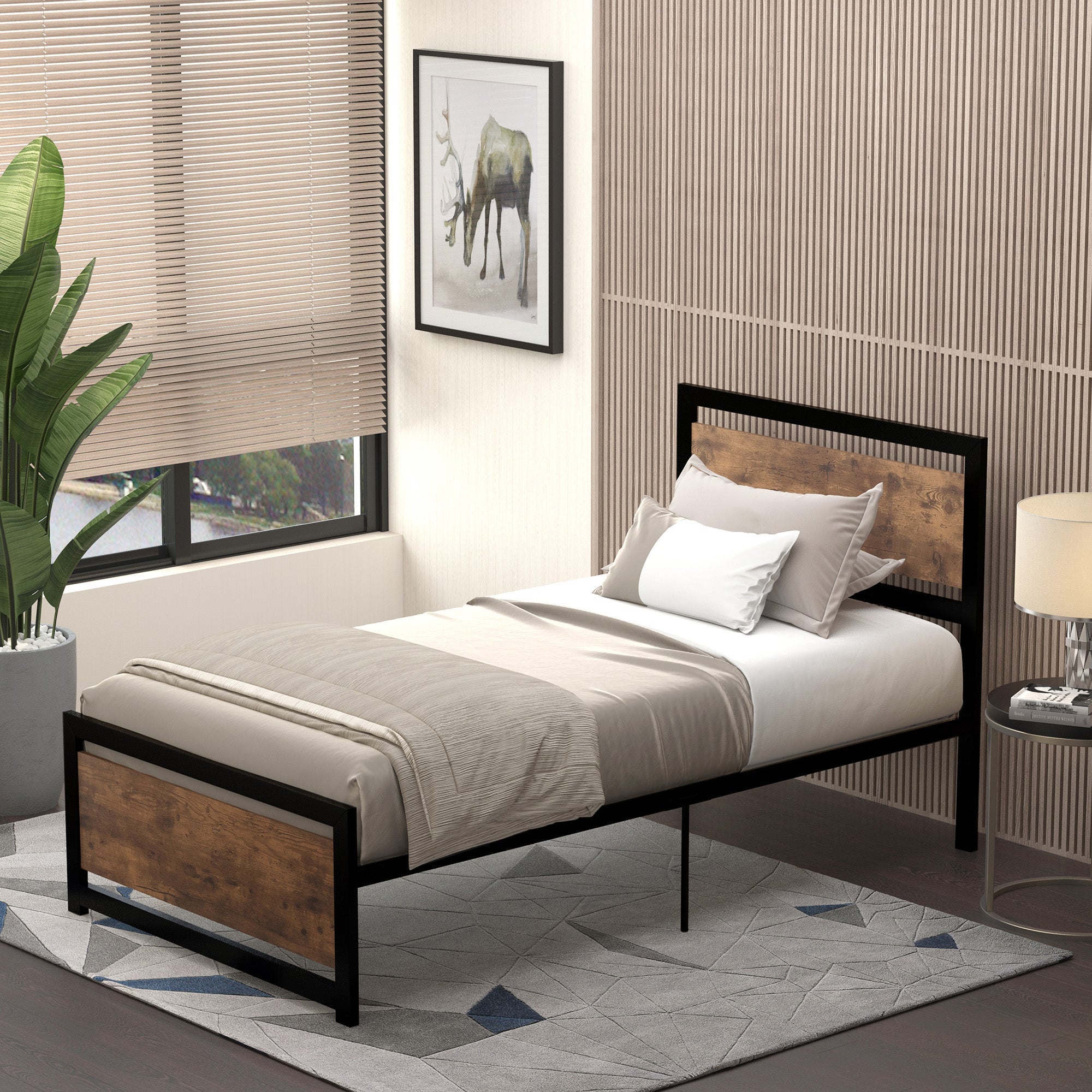 Single Industrial Style Metal Bed Frame with Rustic Wooden Headboard - Black-0